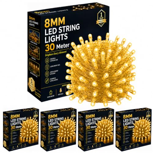 Image of Gesto 30 Meter LED String Lights - Warm White 8mm Big Led Fairy Lights for Decoration | 360 Glow Waterproof Copper Wire Lights for Home Decor Balcony Outdoor Christmas & Diwali Decoration- Pack of 5