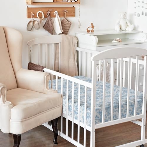 Image of Peryiter 4 Pack Crib Sheets Blue Toile Soft Baby Bed Sheet Set 52'' x 28 inch Nursery Crib Sheets for Standard Bed Toddler Mattress Nursery Decor Boys Girls Kids Baby
