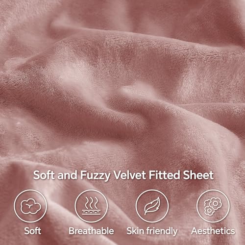 BEDELITE Velvet Fitted Sheet and Pillowcase Set, Luxury Soft Fuzzy Bottom Sheet with Reinforced Elastic Corner Straps, Deep Pocket up to 15 Inch, 1 Fitted Sheet and 1 Pillowcase (Twin, Dusty Pink)