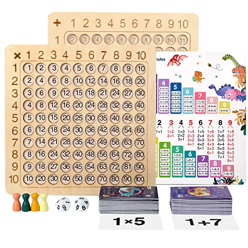 Jeux de Plateau Table de Multiplication en Bois, 2 en 1 Tableau de Multiplication Addition Montessori Mathématique Jeu De Carte Jeux De Nombres Éducatif pour Enfants Anniversaire Noël Halloween Cadeau Cover