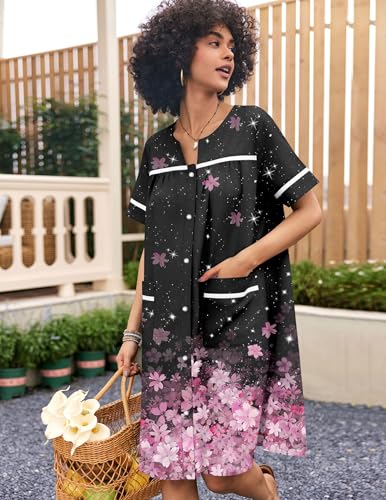 Image of Ekouaer Nightgowns for Women House Dress with Pockets Snap Front House Coat Short Sleeve Duster Moo Moos Sleepwear S-3XL
