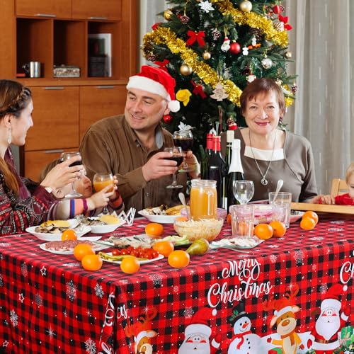 Tiamon Christmas Tablecloth Table Cover 60 x 84 Inch for Rectangle Table, Washable Red Buffalo Plaid Snowman Santa Claus Cover Decorations for Xmas Winter Holiday Party Supplies – Image 7