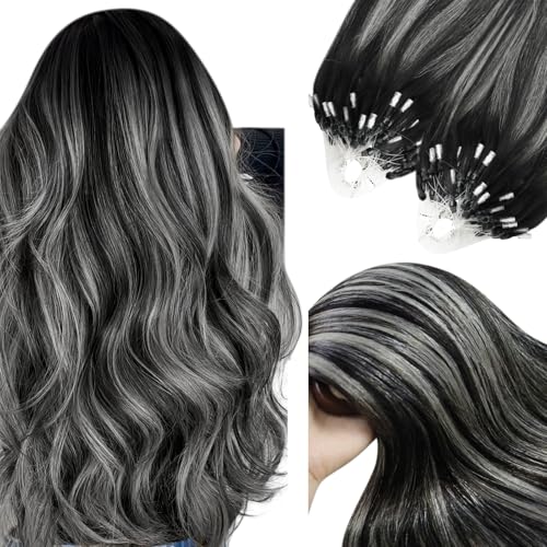 Image of YoungSee Micro Loop Hair Extensions Real Human Hair Ombre Microlink Hair Extensions Balayage Black with Silver Microbead Hair Extension Human Hair Straight 24 Inch for Prom 57g 50s