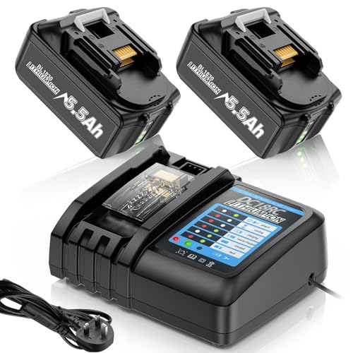 2-Pack 5500mAh Battery and 4A DC18RC Charger for Makita 18V, Compatible with Makita 18V Battery and Charger BL1830 BL1840 BL1850 BL1860 and DC18RD DC18SF DC18RCT DC18RF, Cordless Power Tool