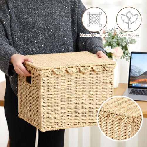 Image of Jingmore File Organizer Box with Scalloped Lid, Paper Rope, Brown | Portable Storage Box Collapsible Letter Hanging Filing Organizer Basket for Office /home, Woven Wicker Decorative Document Box