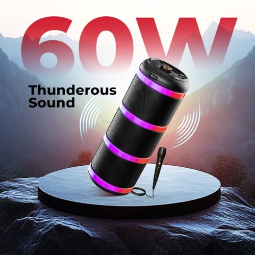 Image of pTron Fusion Theatre 60W Bluetooth Speaker w / 3m Wired Karaoke Mic, Punchy Sound, 5 EQs, Vivid RGB Lights, Party Speaker w / BTv5.2 /USB /SD Card Playback, TWS Mode & Type-C Charging (Midnight Black)
