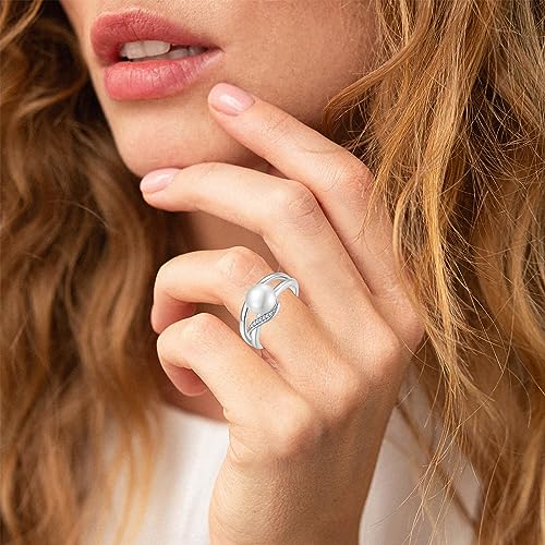 Women's Pearl Ring 925 Sterling Silver Cubic Zirconia Ring with 8mm Natural Freshwater Pearl Statement Ring for Women4