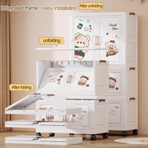 Image of EXVITO Plastic Wardrobe for Cloth with Drawers & Hanging Rod | Baby Cupboard for Clothes Storage | Foldable Collapsible Plastic Almirah for Kids | Cartoon Design Cabinet for Bedroom (Butter Bear)