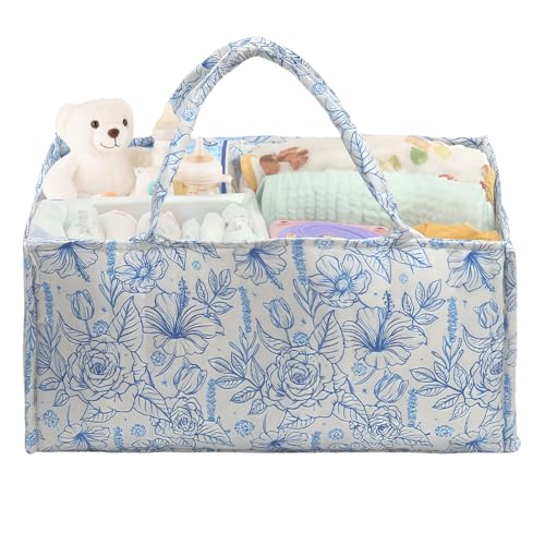 FANGCCC Organiseur de sac à langer - Grand panier à couches pour bébé avec poignée et séparateur amovible - Organiseur avec motif floral - Cadeau pour maman - Sac à couches multi-usages (fleurs bleues