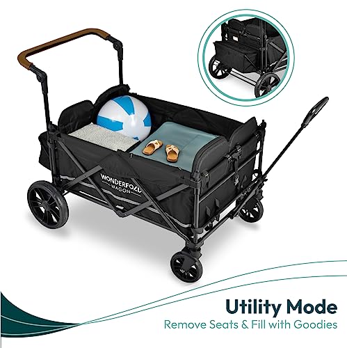 Wonderfold X4 Push & Pull Quad Stroller Wagon (4 Seater) Featuring Seats With 5-Point Harnesses, Adjustable Push Handle, And Adjustable/Removable Uv-Protection Canopy, Stealth Black #TOP5