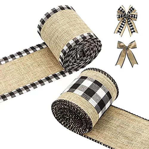 2 Rolls Christmas Buffalo Plaid Wired Edge Ribbons, Burlap Fabric Craft Ribbon for Wreath Floral Bows Craft Decor, Fabric Craft Ribbon for DIY Bows Wrapping Decoration (Black, 2.5 x 216 Inch)