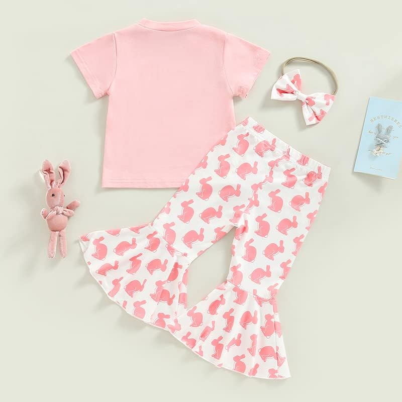 YINGISFITM Baby Girl Easter Outfit Bunny Print Short Sleeve Tee Tshirt Pants Toddler Bell Bottoms Summer Clothes 2Pcs Set - Image 2