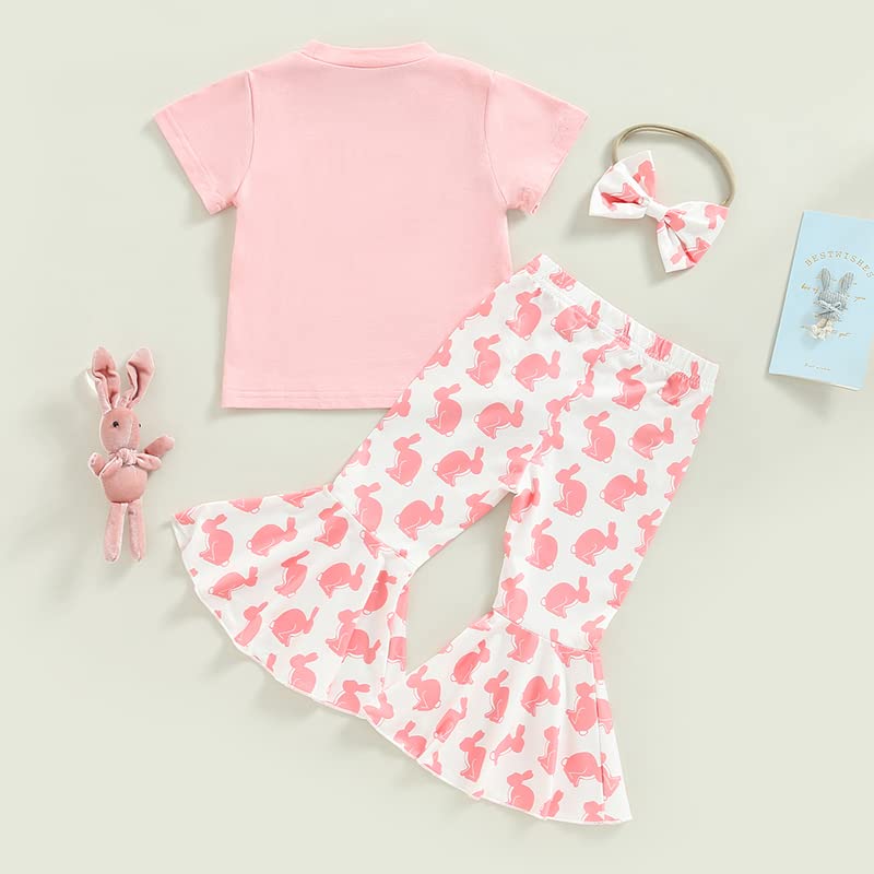 YINGISFITM Baby Girl Easter Outfit Bunny Print Short Sleeve Tee Tshirt Pants Toddler Bell Bottoms Summer Clothes 2Pcs Set2