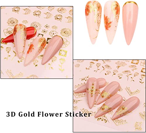 Gold Flowers Nail Stickers Decals,3D Gold Line Nail Supplies Golden Lace Leaf Self-Adhesive Nail Art Decoration Flower Line Acrylic Nail Designs Diy Manicure Decoration For Women Girls #TOP3