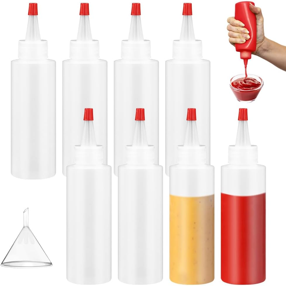 Geluode 8 Pcs Plastic Squeeze Bottles with Red Tip Cap, 120ml/4oz Empty Squirt Bottle with 1 Mini Funnel, Small Mini Squeeze Bottles for Liquids Oils Art Crafts Kitchen Household