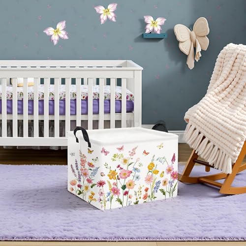Image of Rectangular Baby Girls Basket Kids Baby Storage Basket Cute Storage Bin Organizer Shelf Book Flower Room Decor(Butterfly Flower)