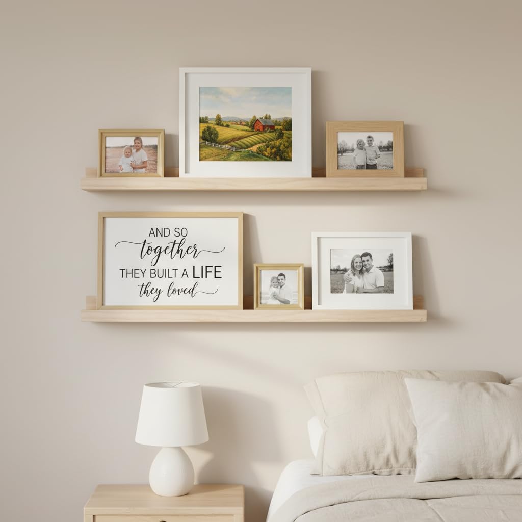 AZSKY 2 estantes flotantes de madera natural de 36 pulgadas, estantes de pared de estilo rústico rústico para libros infantiles, repisa de fotos de fotos, decoración de guardería