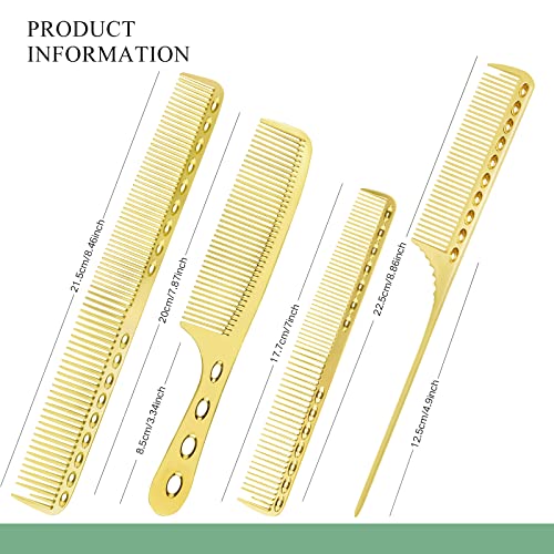 4 Types Professional Aluminum Hair Combs - Anti Static Stainless Steel Comb with Metal Tail for Hair Stylist Women Men Hair Styling Cutting - Gold