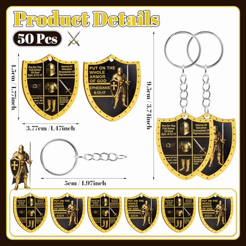 ARCTURINE 50 Pack Armor of God Keychain Religious Gifts for Men Bulk Christian Knight Key Ring for Church Father's Day