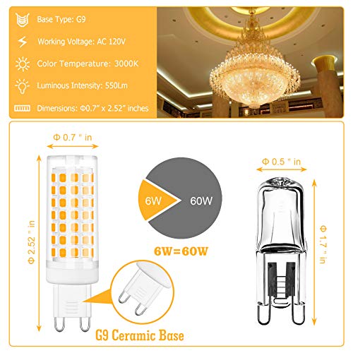 Hansang G9 Led Bulb,6W(60W Halogen Bulb Replacement), Chandelier Light Bulbs,88 Leds,Warm White 3000K,Non-Dimmable,G9 Bi Pin Base,360° Transparent Plastic,550Lm,Pack Of 6 #TOP2
