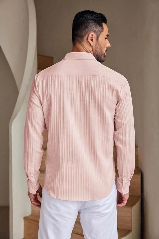 Image of DEELMO Combo of Men's Casual Button Down Shirts Long Sleeve Linen Shirt Fashion Textured Summer Shirts Pack of 2