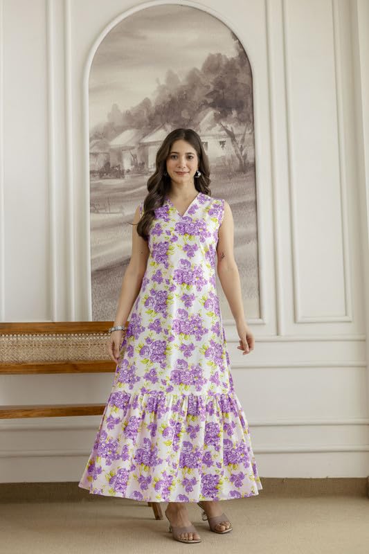 Image of Daevish New Rayon Floral Printed Sleeveless Fit and Flared Maxi Dress for Women | Women Maxi Dress