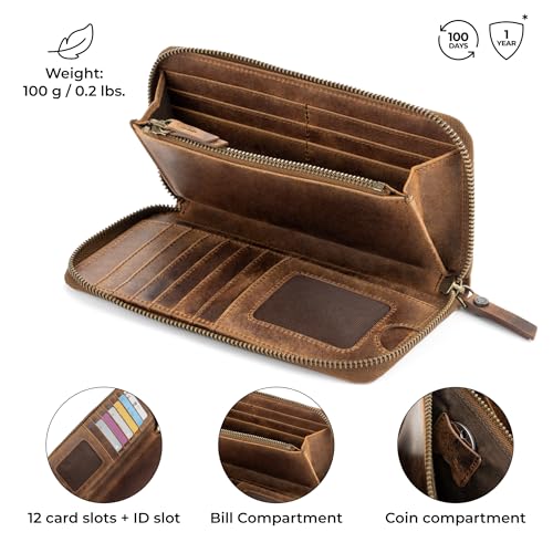 Image of BERLINER BAGS Genuine Leather Zip Wallet Women Margo, Gift Box - Brown | Soft Leather Zip Around Wallet, Fit up to Phone 6.9 inch, 12 Card Slots, 1 ID Window, 1 Coin Pocket, RFID Blocking