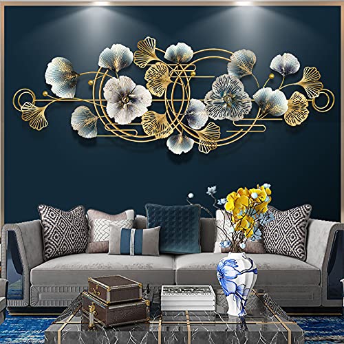 Wanddeko Metall,3D Frühlingsblume Herbst Mond Wandschmuck Wanddeko Wandverzierung Dekoration Ginkgo Wandbild aus Metall Blätter Dekor für Wohnzimmer Hotel Hintergrund Wandverzierungen,127*44cm Cover