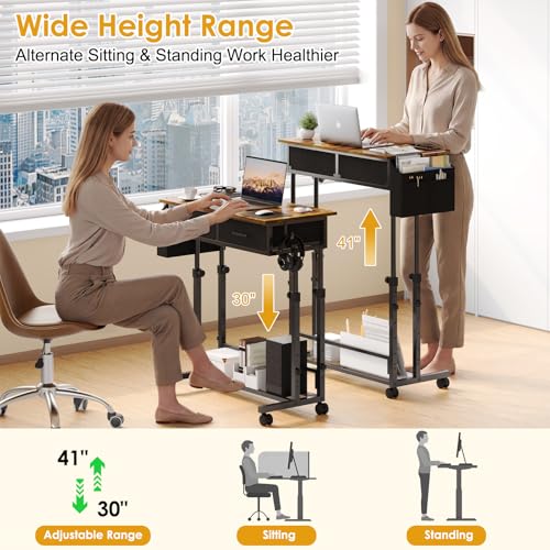 Small Rolling Standing Desk, Height Adjustable Mobile Sturdy Desk with 2 Fabric Drawers & Storage Shelf, Portable Sofa Side Laptop Table for Home Office, Small Spaces, 31.41"" x 15.74"", Rustic Brown by Bliesosfud - Used condition - Image 2