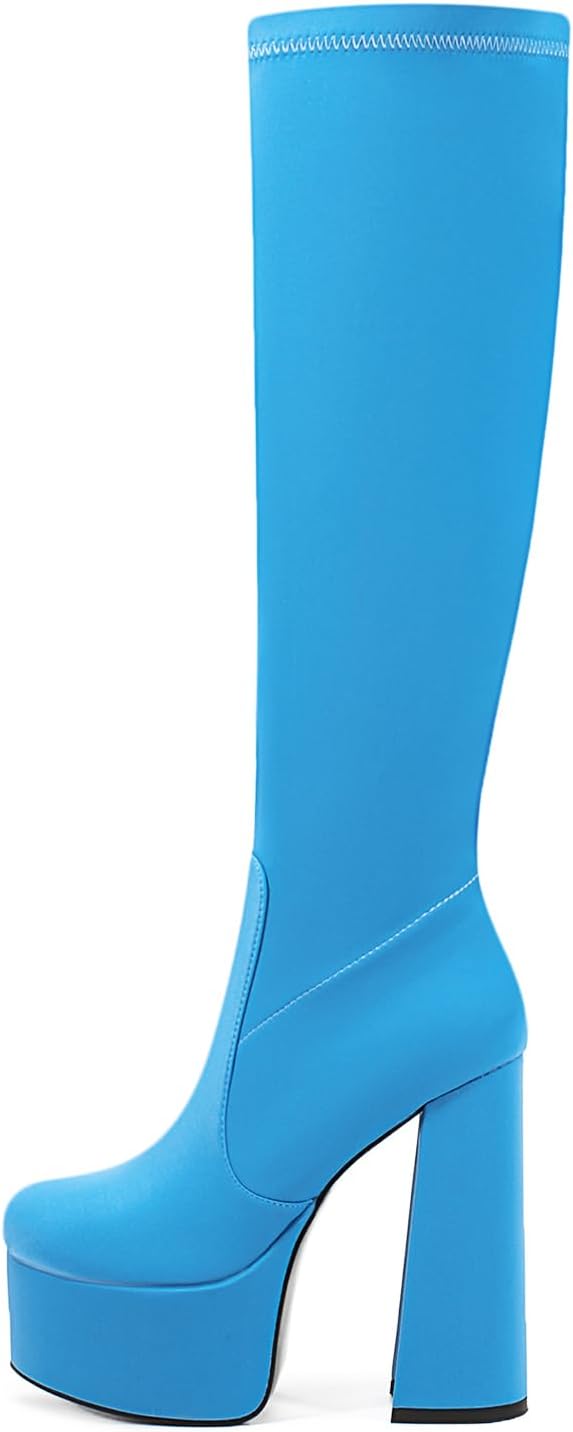 chunky heel Black White Red yellow knee high boots Platform Stretch boots Round toe Side zipper Sexy Super high heel hot pink shoes for women unisex