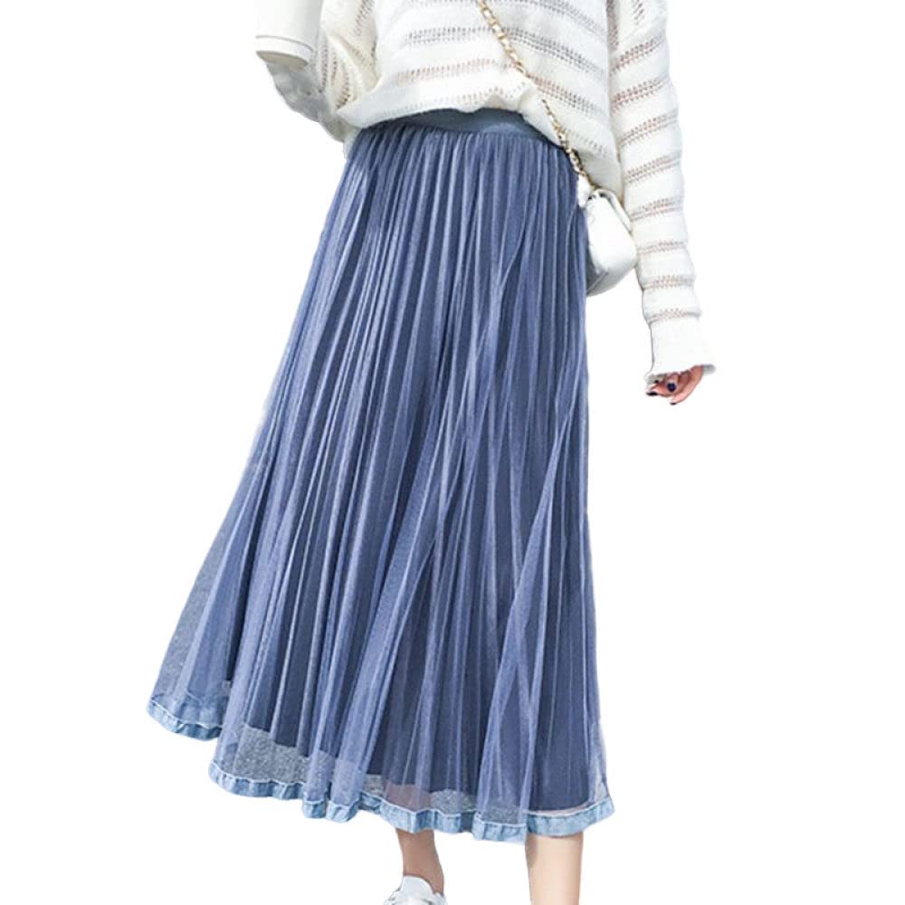 OZEO Röcke Damen,Damen Midirock Blau Hohe Taille Tüllnähte Samt Faltenrock Mode A-Linie Swing Rüschen Rüschen Lange Röcke Für Mädchen Damen Herbst,M