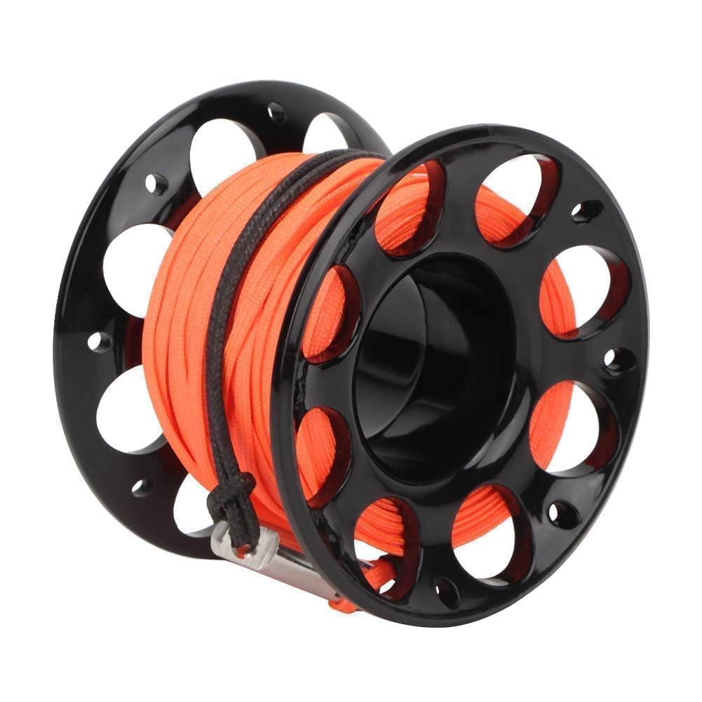 Finger Spool w/SS Bolt Snap, Tauch Fingerspule Scuba Diving Spool Reel Kunststoff Mini Tauchspule mit Doppelkarabiner Spule, Technische Finger Spool komplett mit Tauchschnur und Karabinerhaken 15 M