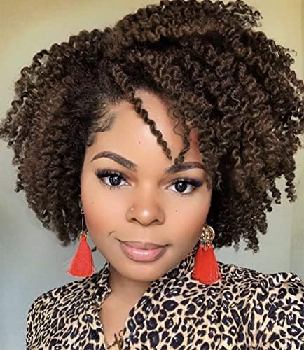 Hanne Fashion Short Kinky Curly Wigs Ombre Brown Side Part Wig Afro Curly Wig Twist Out Wigs Heat Resistant Fiber Synthetic Full Wigs for Black Women (1B 30#)