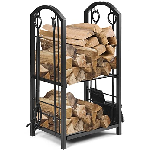 TANGZON Fireplace Log Rack with 4 Fireplace Tools, 43x30x74cm Wrought Iron 2-Tier Firewood Holder,...