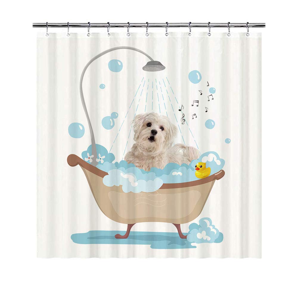 BAGEYOU Funny Dog Maltese Poodle Dog in Bath Shower Curtains Cute Puppy Taking A Shower Waterproof Polyester Fabric Bathroom Curtain 72 x 80 Inch, with 12 Hooks