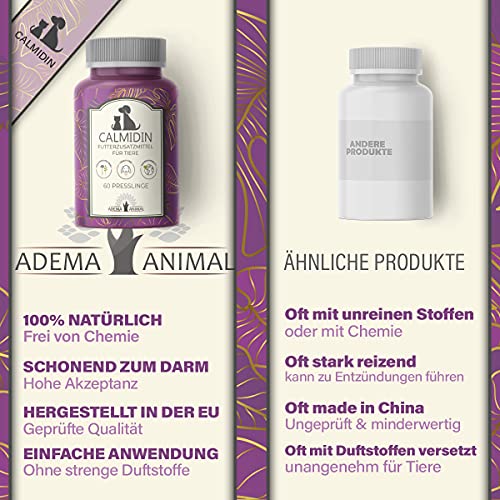 Adema Animal® - Calmidin Nahrungsergänzungsmittel zur Beruhigung für Tiere - Hochdosierte Baldrian Kapseln gegen Angst / innere Unruhe und Stress - Relax Kapsel für Hund und Katze - 60 Stk Presslinge