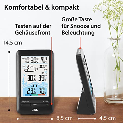 Foto von ADE Wetterstation Funk mit Außensensor und Funkwecker | mit Lüftungsempfehlung | Hygrometer, Thermometer | 2 Weckzeiten | animierte Wettervorhersage | Schlummerfunktion | LCD-Farbdisplay
