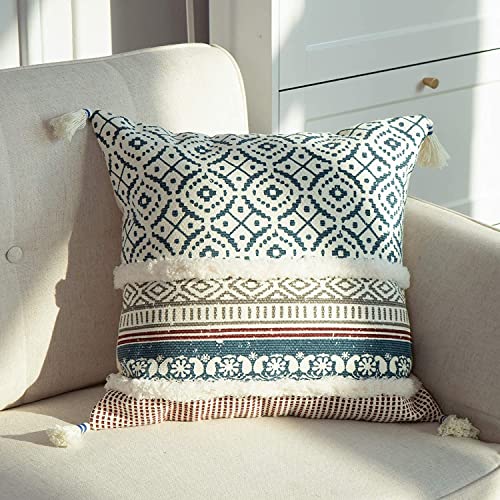 Image of MODERN HOMES - feel the difference Cotton Homes Boho Tufted Decorative Throw Pillow Covers , Moroccan Style Cushion Covers With Tassels (Blue, 16X16 In), 250 TC