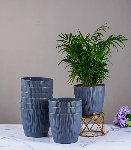 Nurturing Green® Set of 10 Self Watering Pots for Home, Decor & Garden | Flower Pots, Planters for Indoor Plants | Plastic Pots for Living Room (Color: Grey, Size: 14cm x 12.5cm Each)