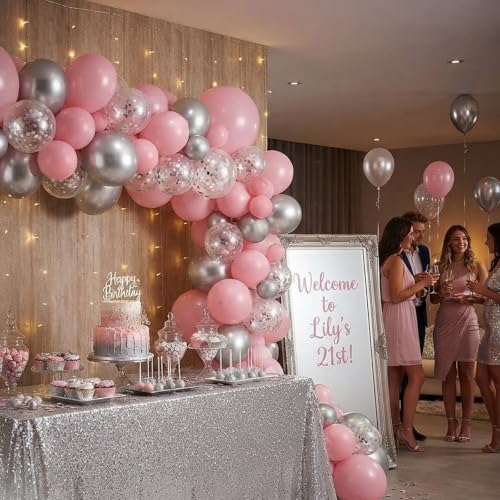 Image of 60Pcs Pink and Silver Balloons, 12inch Silver Confetti Party Latex Balloons | Pastel Pink Metallic Silver Party Confetti Balloons Set for Girl Party Birthday Bride Wedding Baby Shower Graduation