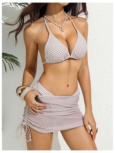 Image of RoseSeek Women's 4 Piece Polka Dots Bathing Suits Cover Up Skirt & Bandana