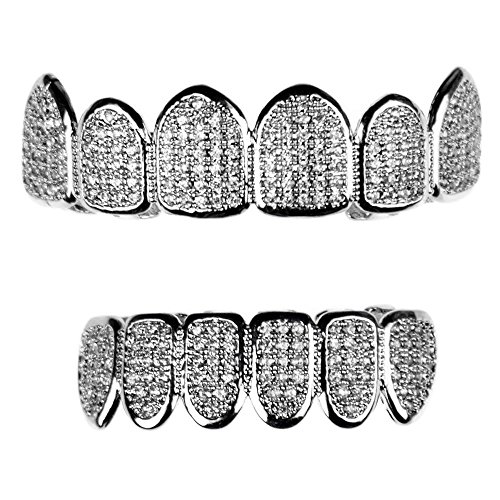 Premium Grillz Set CZ Cubic Zirconia Bling Silver Tone Top & Bottom Teeth Custom Hip Hop Grills