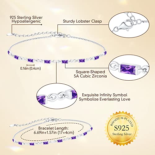 Cde S925 Silver Tennis Bracelets For Women Birthstone Dainty Simple Link Charm Bracelet Birthday Anniversary Valentine's Mother's Day Gifts For Mom Wife Mom Her Girl, Chain Length 6.7”+1.6” (Silver-02-February-Amethyst Purple) #TOP6