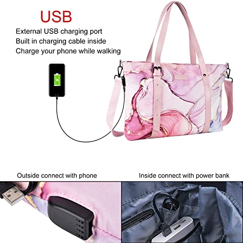 MOSISO USB Port Laptop Tote Bag (17-17.3 inch) with Adjustable Top Handle, Laptop Bag for Women, Polyester Work Travel Office Large Computer Shoulder Handbag Marble MO-MBH2163