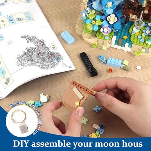 Image of SUNHABI Moon Flower Mini Bricks Building Set, Fairy Cabin and Blue Flower Bouquet, Mini Building Blocks Botanical Collection Set, Unique Home Decor, Gift for Her and Him - 1622 Pcs Mini Bricks