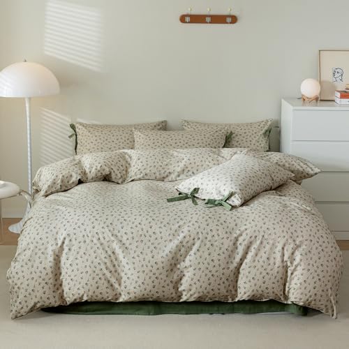 Image of VM VOUGEMARKET Duvet Cover Set Twin 100% Cotton 3 Pcs Girls Green Floral Comforter Cover with Zipper Closure,Cottagecore Style Duvet Cover + 2 Pillowcases with Bowknot-68x86 Inch