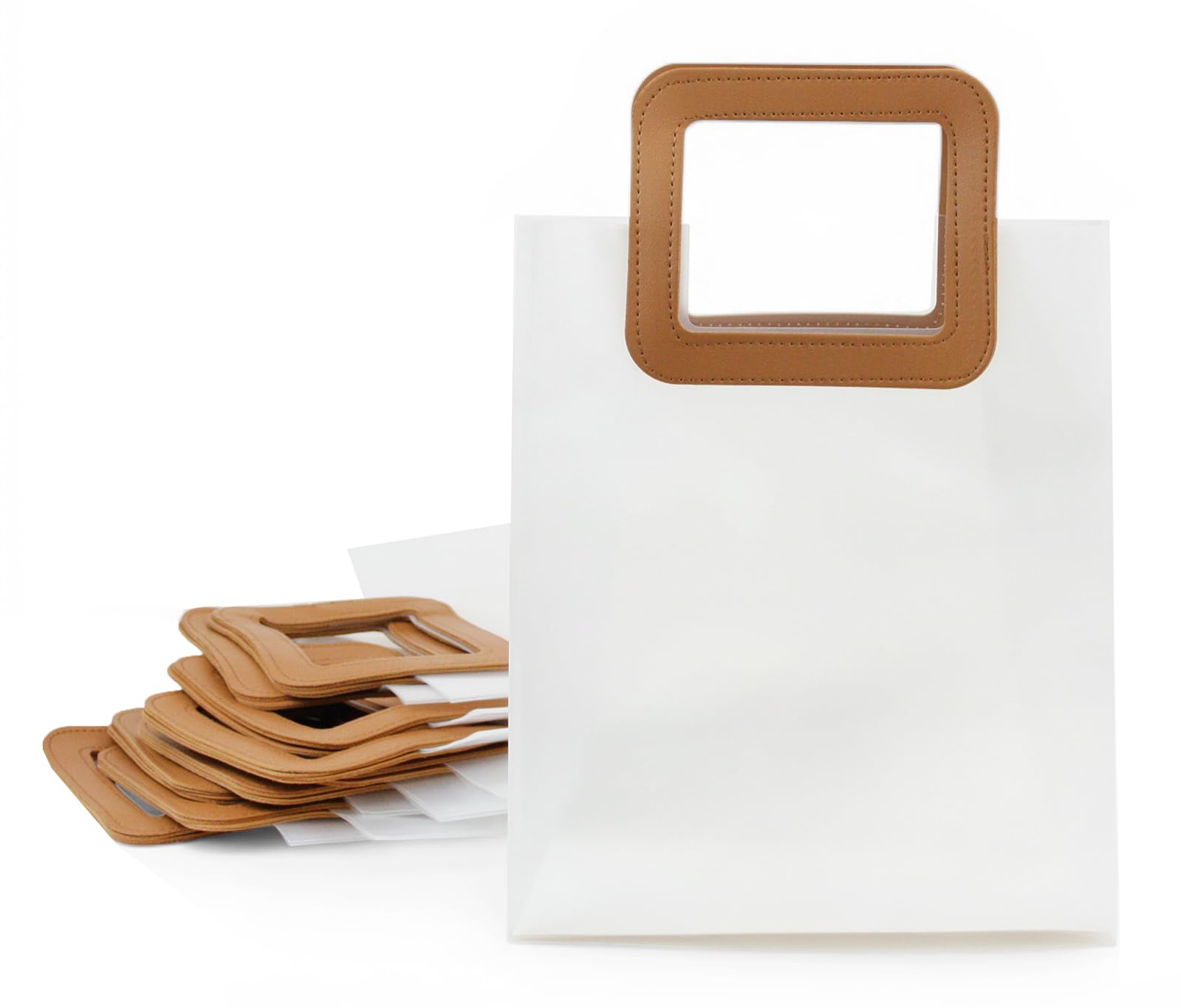 Emartbuy Clear PVC Gift Bags with Brown Handle – Premium Transparent Shopping Tote | Durable Reusable Gift Packaging – (26 × 11 × 32 cm) – Pack of 36
