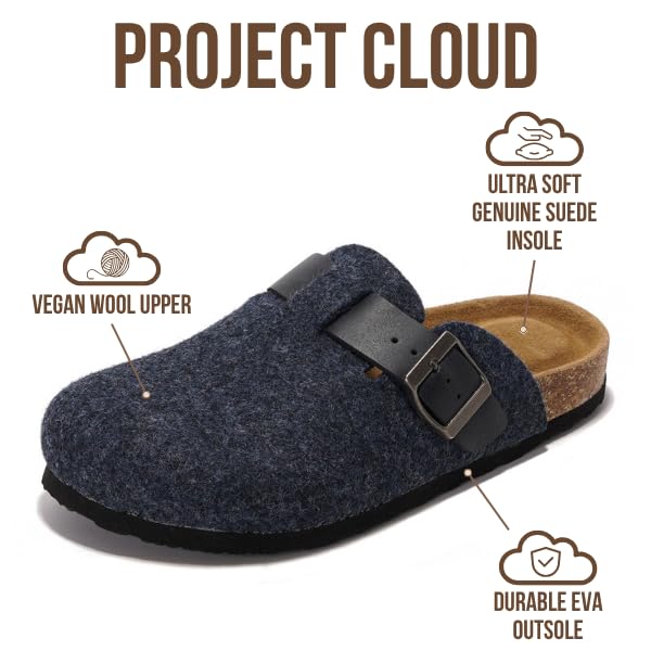Project Cloud 100% Genuine Leather Footbed Clogs for Women - Memory Foam Arch Support Slippers for Women - Trendy Slip-ons Women's Mules & Clogs Sandals: 12 Navy Wool