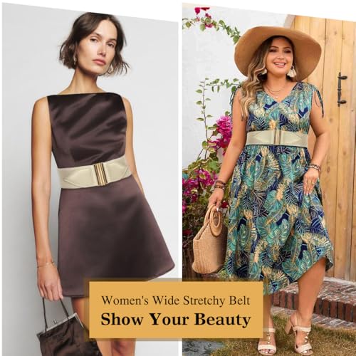 Glamorstar Women Wide Elastic Belt Stretchy Waist Belts with Gold Buckle for Dresses2
