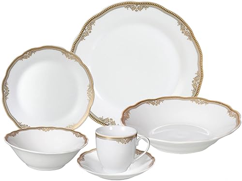 Elegante y elegante juego de vajilla de porcelana de 24 piezas con borde ondulado fino para organizar fiestas y eventos, servicio para 4, color